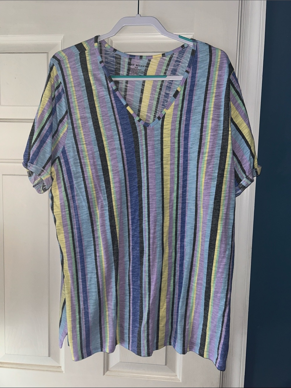 Lane Bryant Striped V-Neck Short Sleeve Top - Blue, Purple, Yellow, Black 18/20